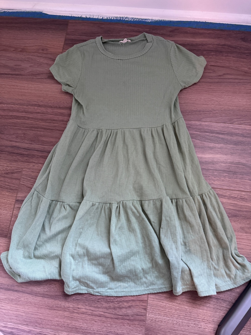 See You Monday Olive Sage Tiered Short Sleeve Midi Dress